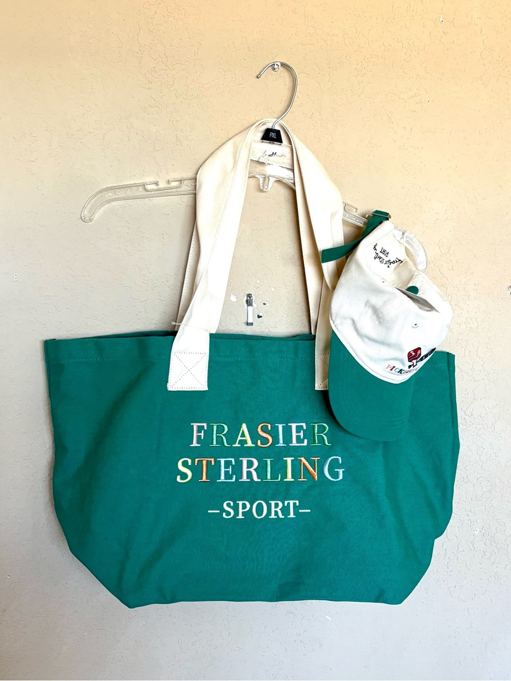 Frasier Sterling Sport green Canvas Tote Cream Handles and baseball hat